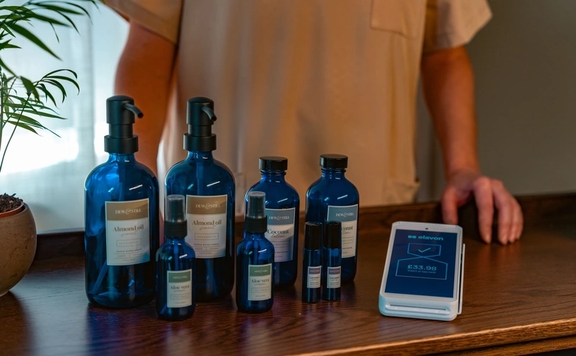 Contactless card payment at a bar using a handheld POS terminal while bartender serves cocktails